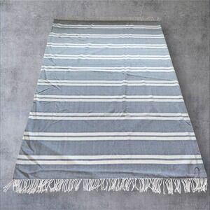 Pottery Barn‎ Blue White Herringbone Stripe Fringe Throw Blanket 60x78